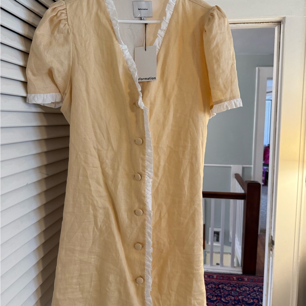 Reformation Pale Yellow and White Ruffle-Trim Dress